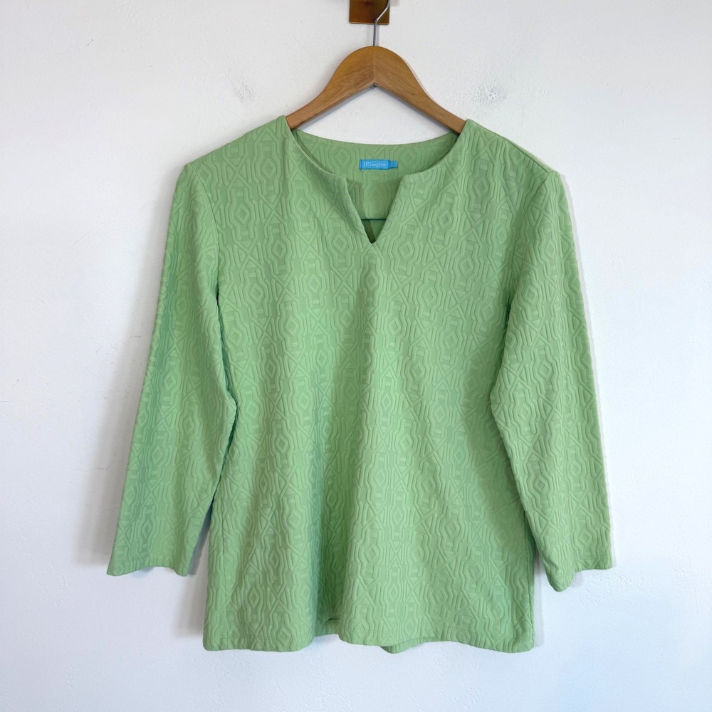 J.McLaughlin Catalina Cloth Top Green Geometric 3/4 Sleeve Coastal Resort Work L